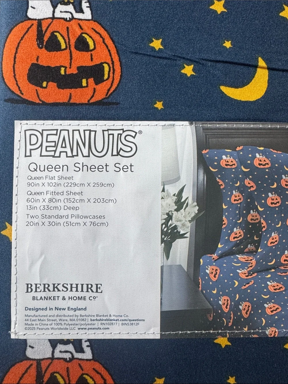Peanuts Snoopy 4 piece Queen Sheet Set in Navy ,Pumpkin & Yellow Moon star print